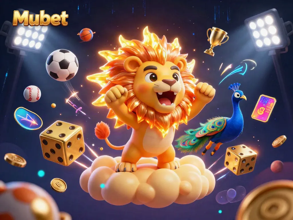 Experience exciting bets and gaming at Mubet, featuring a roaring sun lion and dynamic casino elements.