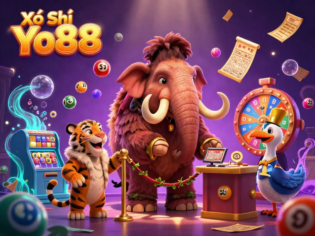Experience Xổ Số Yo88's vibrant lottery scene featuring dynamic colored balls and charismatic characters.