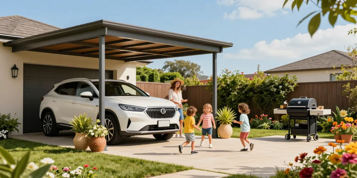 Moderne Carport-Landschaft mit Familie, die einen sonnigen Tag im Garten genießt