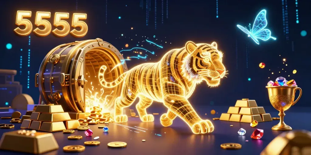 The 5555 golden tiger illuminates a vibrant casino landscape filled with treasures and lucky symbols.